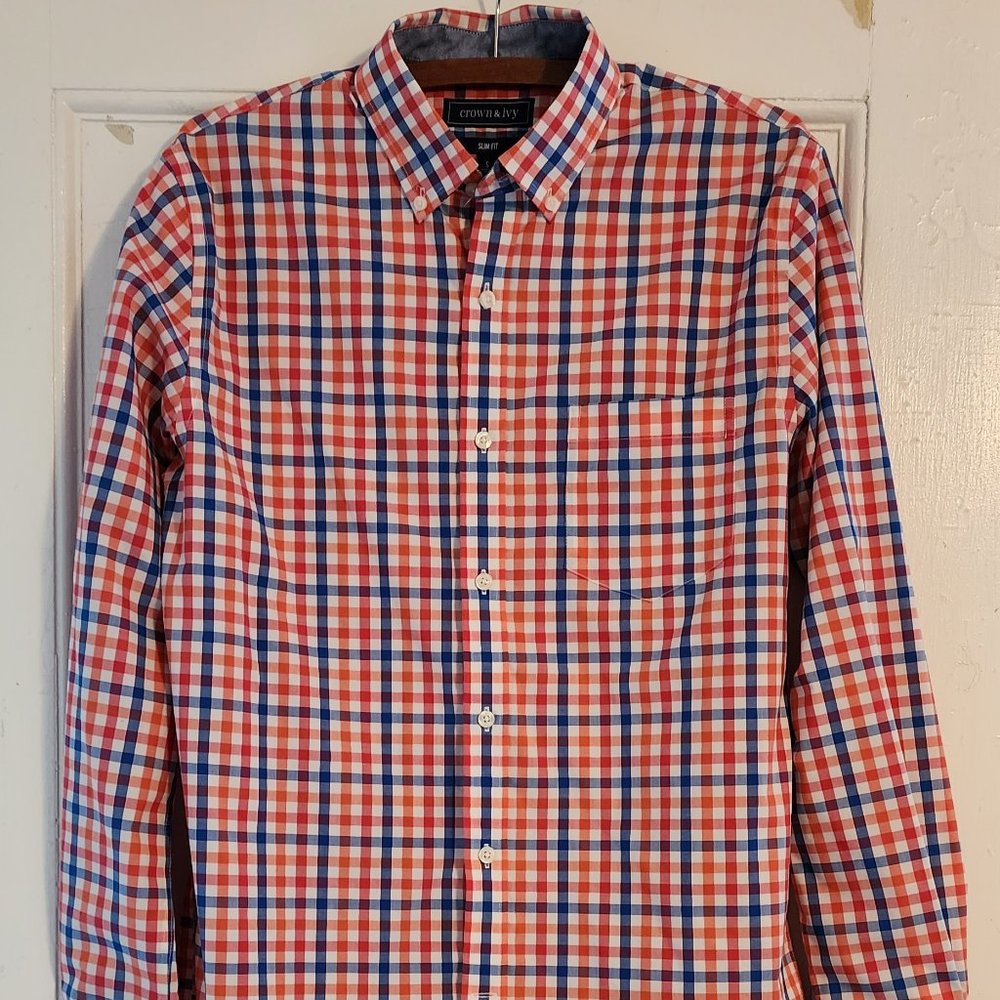 Red and Blue Checked Men's Button-Down Shirt Slim Fit
